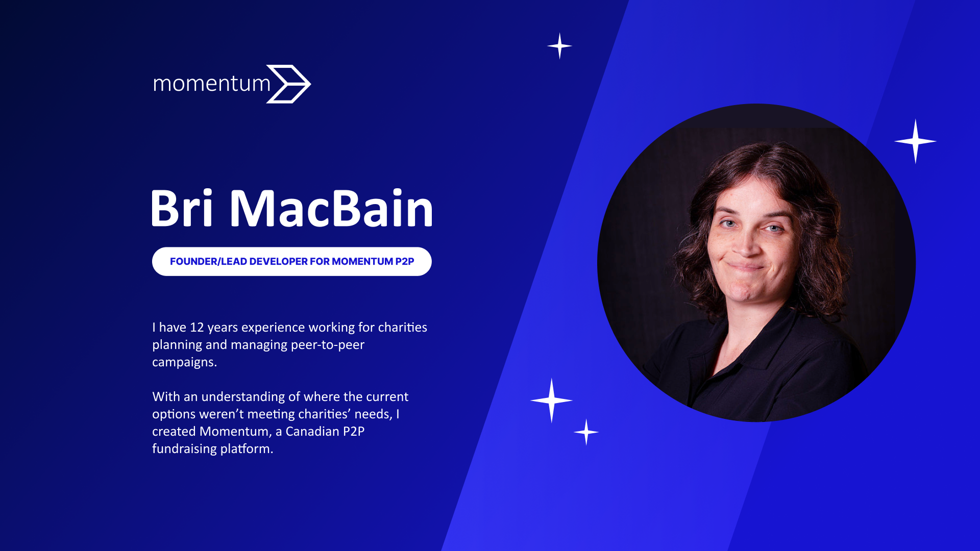 Speaker introduction slide with photo portrait in ray o flight and twinkling stars