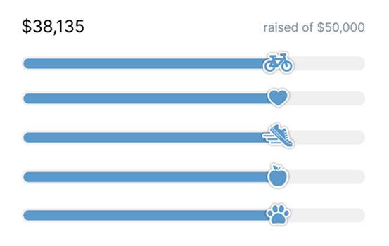 Five example progress bars with custom icons showing a bike heart shoe apple and pawprint