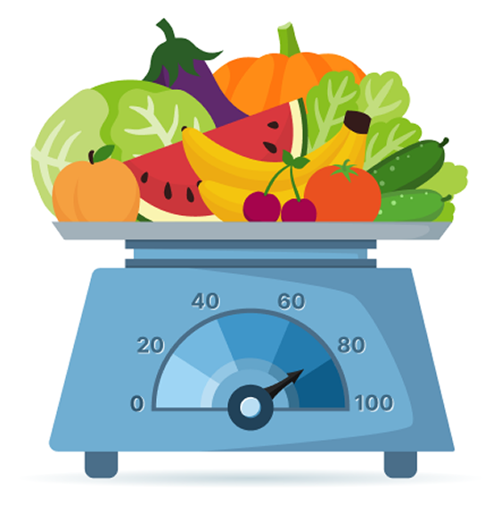 Food Drive Campaign Meter showing a scale full of fruit reading seventy nine percent full